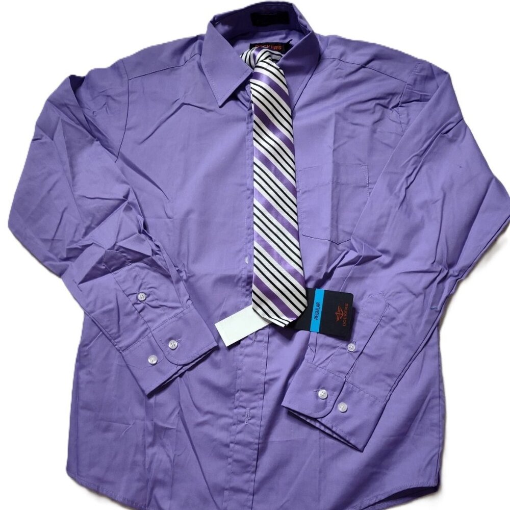 Dockers Boy's Classic-fit Spread-Collar Dress Shirt Patterned Tie Set Size 12